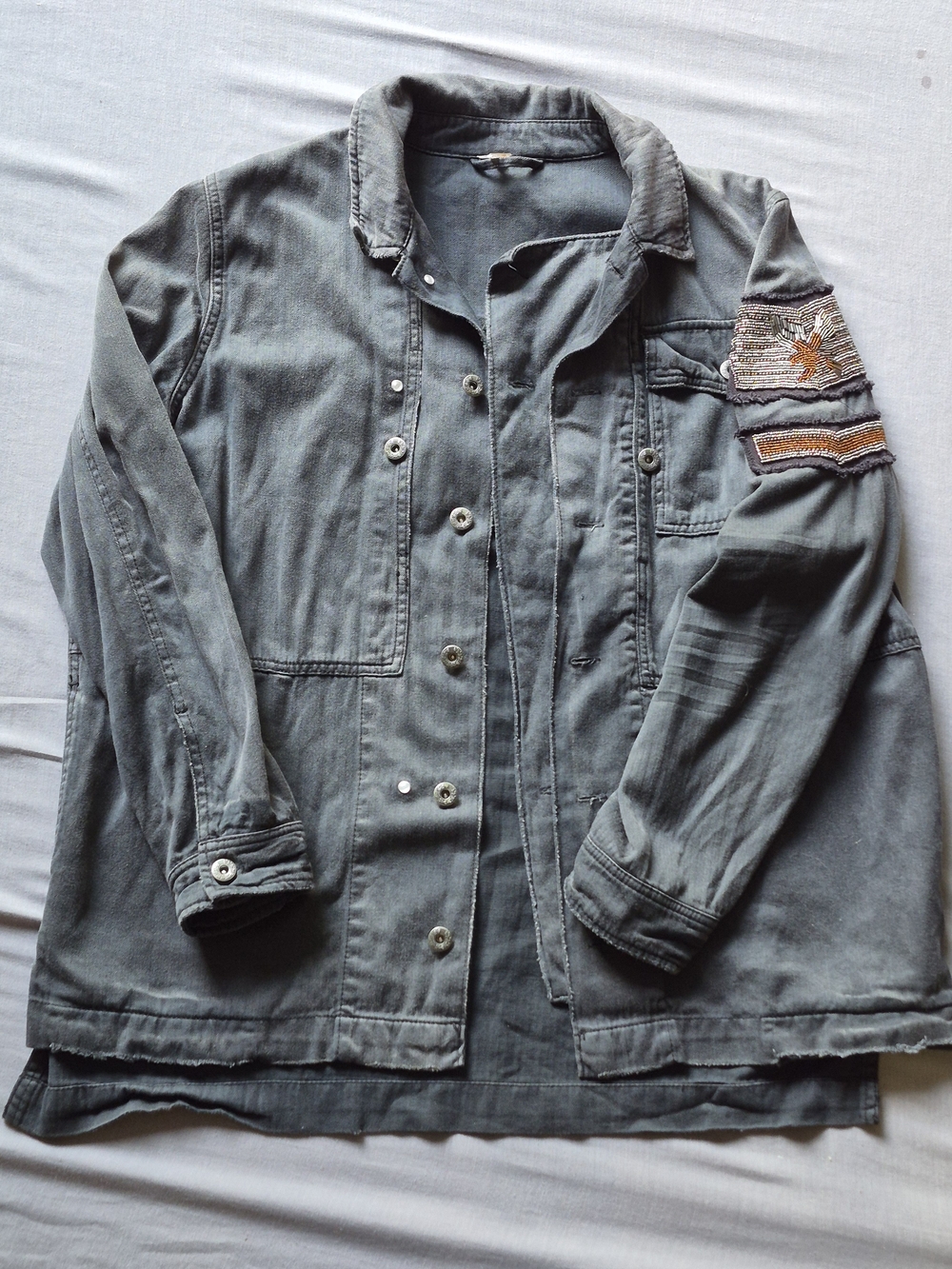 Free People Washed Gray Military-Style Utility Jacket with Patch Detail